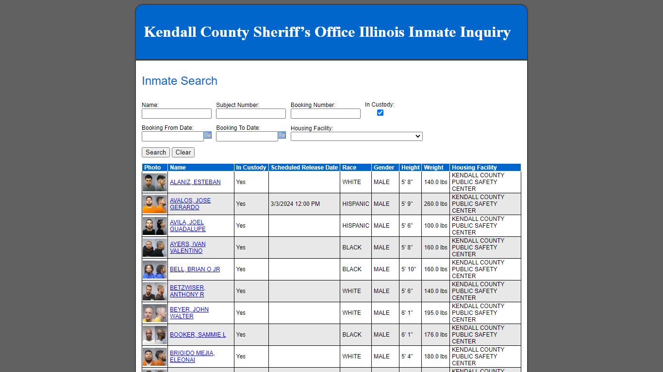 Kendall County Sheriff’s Office Illinois Inmate Inquiry - Inmate Search