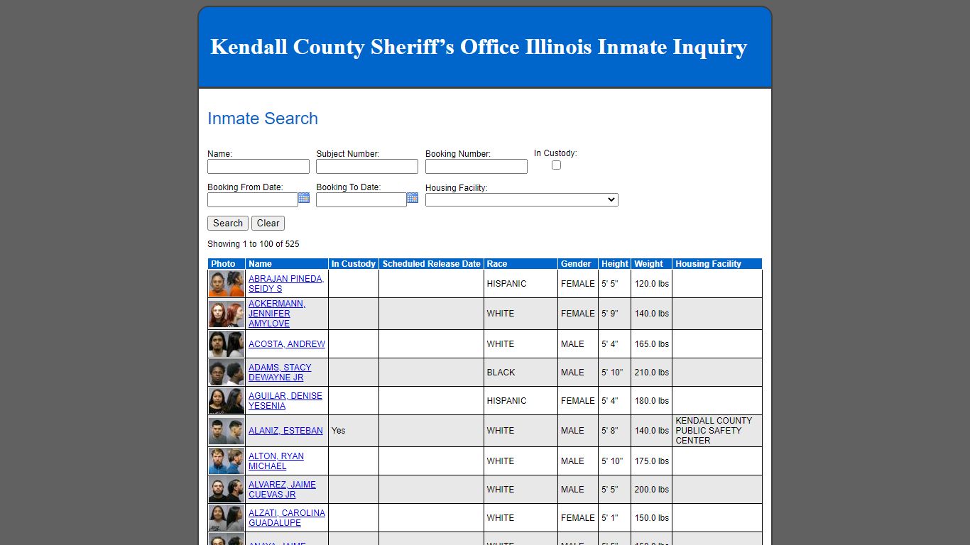 Kendall County Sheriff’s Office Illinois Inmate Inquiry - Inmate Search